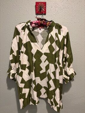 THML Olive & Cream Geometric V-Neck Tunic